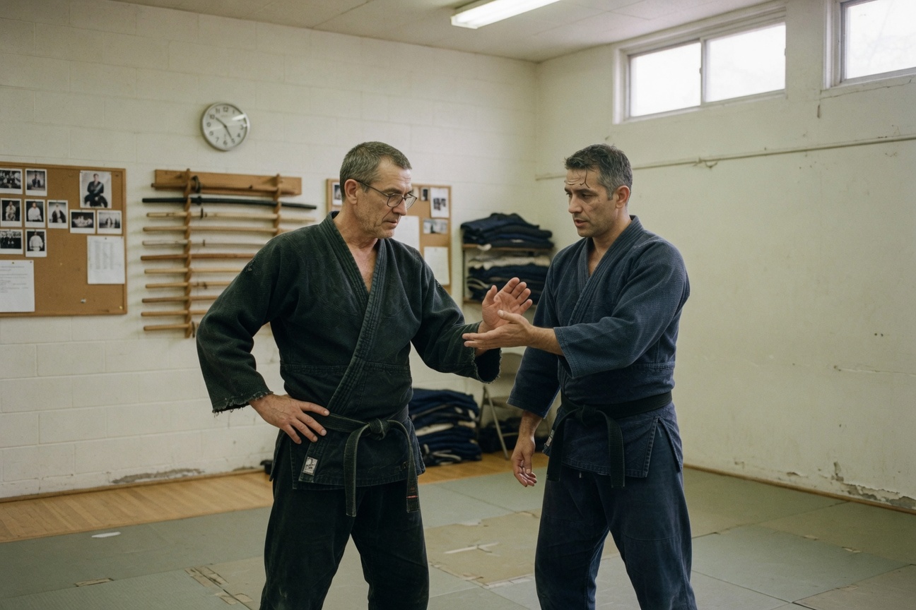 An older master and a younger instructor in a composed frame conveying institutional succession.