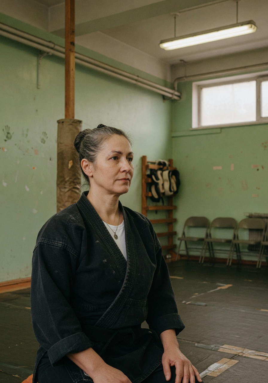 A formal portrait of a veteran martial-arts instructor, composed and unselfconscious.